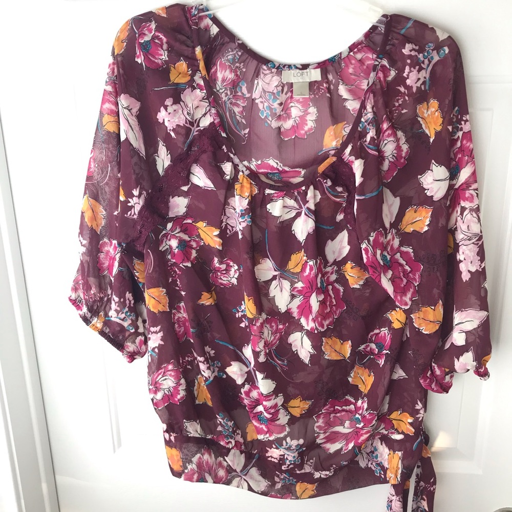 Loft Maroon Floral Print Tie knot Top Sz L